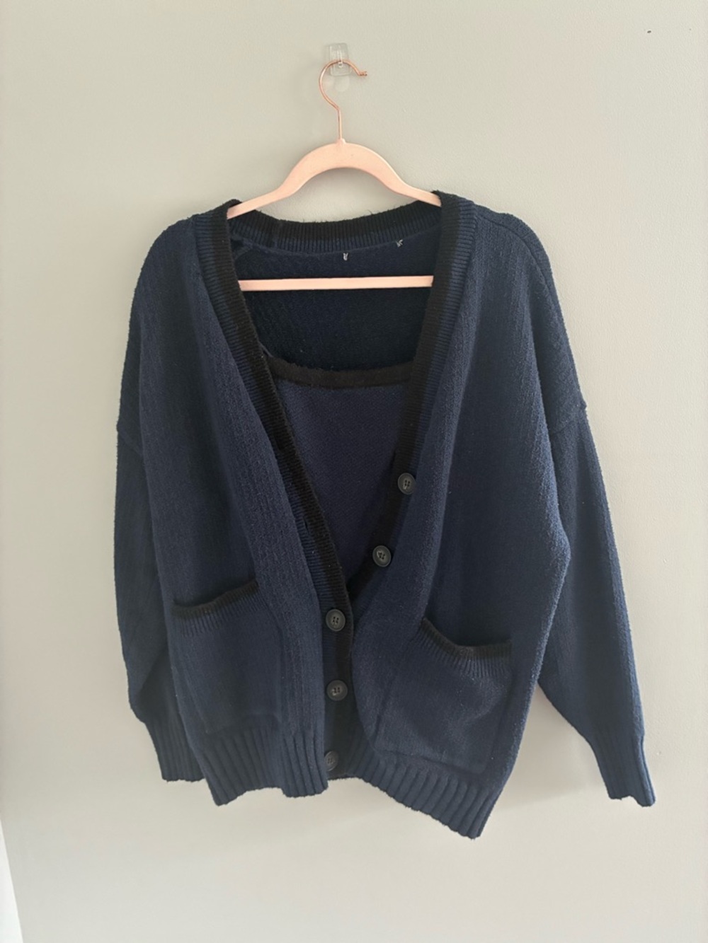 Navy Button-Up Knit Cardigan Sweater Set with Pockets